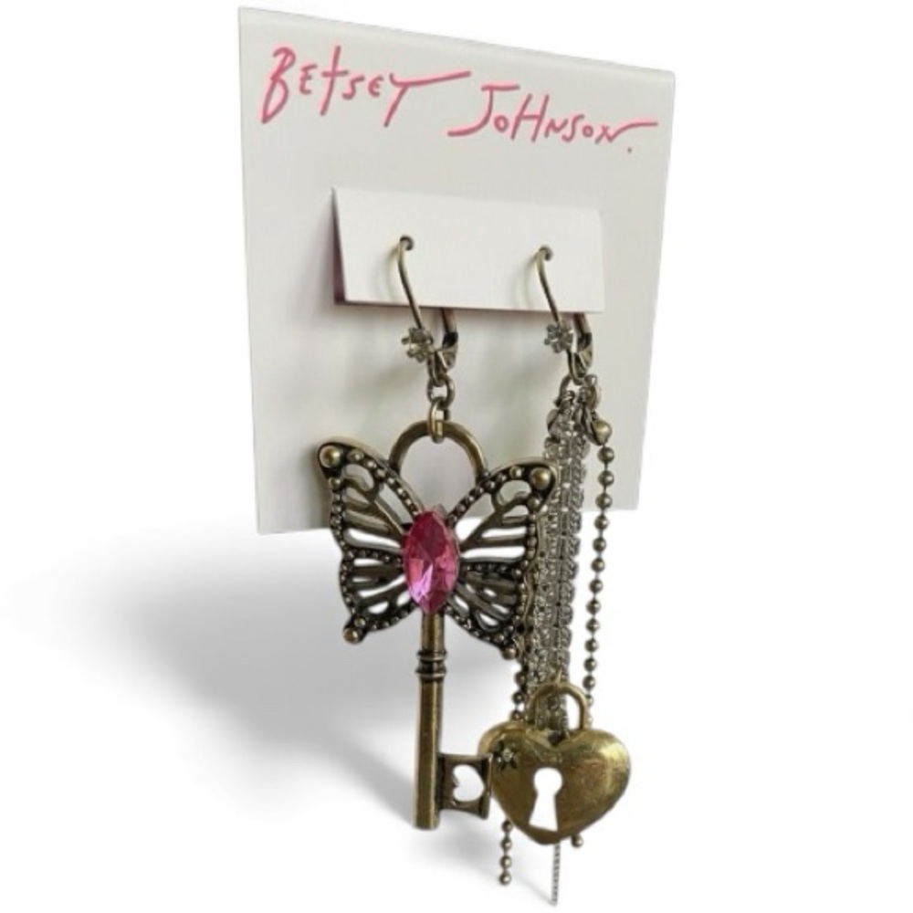 Betsey Johnson Women's Butterfly Heart & Key Earrings Mismatched New Festival